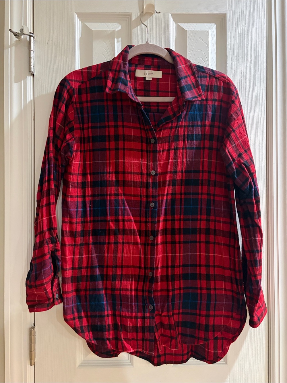 LOFT Red and Navy Plaid Button-Down Shirt - women’s